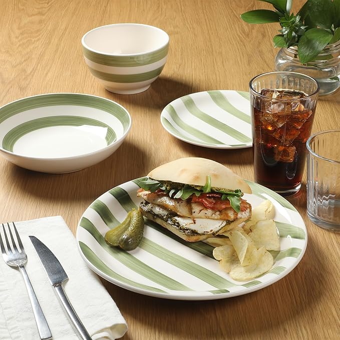 Gibson Home Kenwood Shores 16 Piece Dinnerware Set Green Striped Hand-Painted Stoneware Plates and Bowls Service for 4 Microwave &amp Dishwasher Safe
