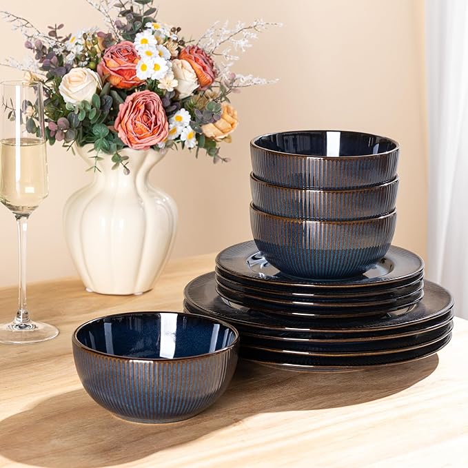 GBHOME Ceramic Dinnerware Sets12 pcs Embossed Elegant Stoneware Plates and Bowls Sets Housewarming Wedding Gift | Dishwasher &amp Microwave Safe | Dishes Set Service for 4