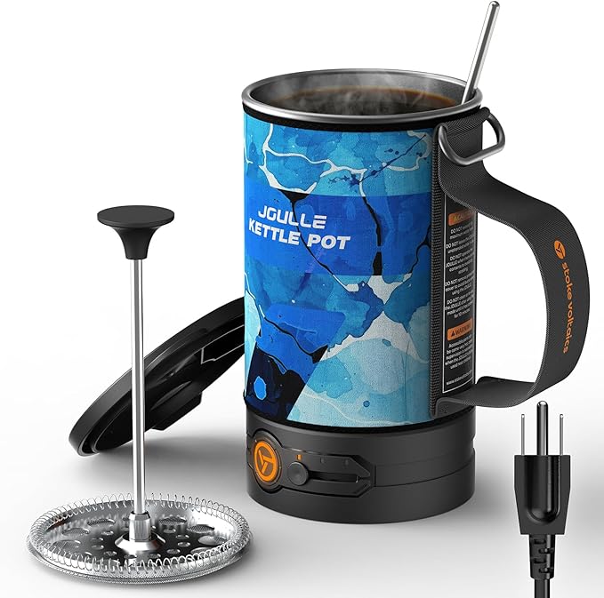 Electric French Press Coffee Maker 120V Boil Water &amp Press Coffee 2-in-1 Portable Design for Camping Travel 6 Minute Brew Ready