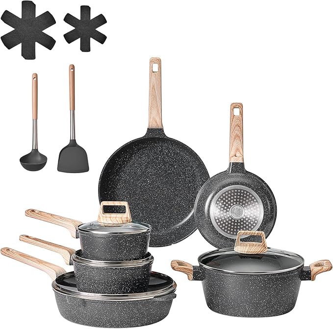 Happybuy 17-Piece Nonstick Granite Cookware Set - Induction Compatible Kitchen Pots &amp Pans with Glass Lids Frying Pans &amp Protectors for RV &amp Home Cooking (Black)