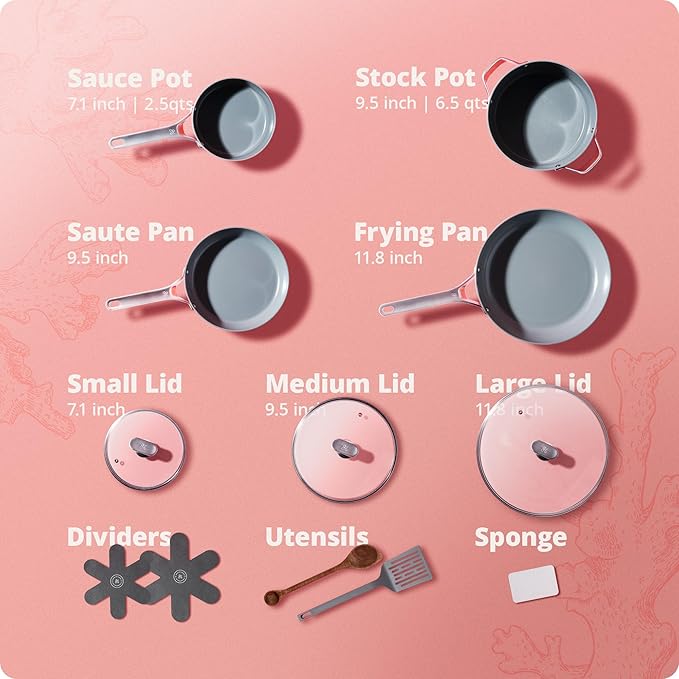 Greater Goods Savvy Ceramic Nonstick Cookware Set (10pc) and Chef Knife (Stainless Steel) Pink Bundle