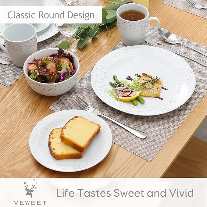 VEWEET Series Orion 16-Piece Dinner Set of Porcelain Combination Set with 10.75 Dinner Plate 7.5 Dessert Plate 5.5 Cereal Bowl and 380ml Mug Service for 4