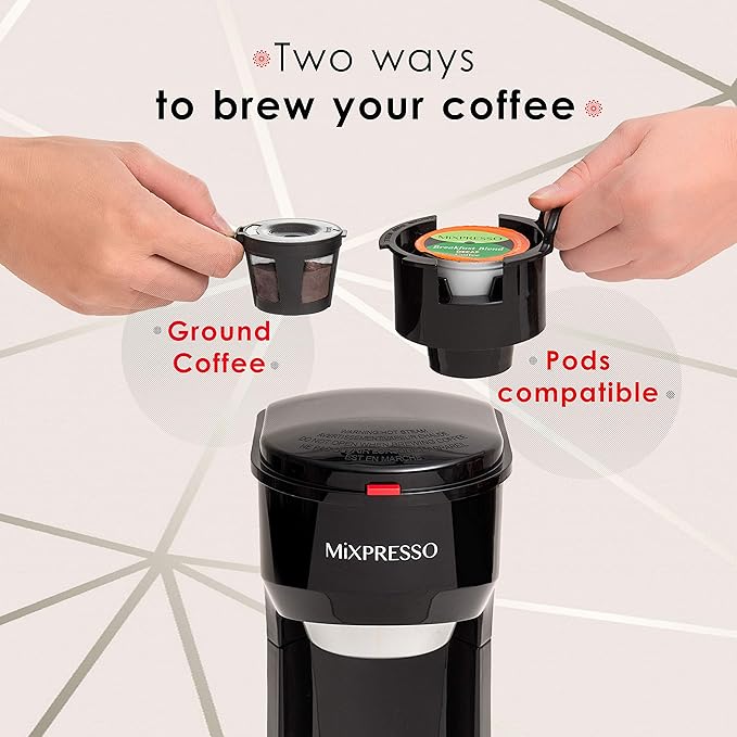 Mixpresso 2-in-1 Coffee Maker – Single Serve &amp Ground Coffee Brewer Compact Personal Coffee Machine for Pods &amp Loose Grounds Quick Brew 14 oz Portable Small Coffee Maker Black
