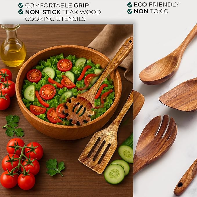 Teak Wooden Cooking Spoons Set -10-Piece Nonstick Cookware - Handmade Wooden Teak-Bamboo Charcuterie Board With Knife - Wooden Kitchen Utensils Ideal Gift Set For WeedingBirthday