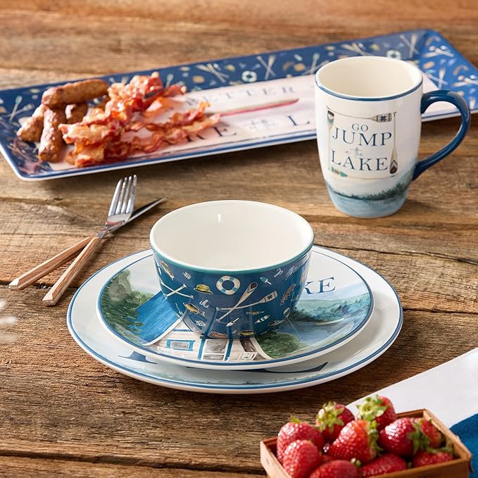 Wake at the Lake 16-Piece Dinnerware Set Includes 11-Inch Dinner Plates 9-Inch Salad Plates 14-Oz Mugs &amp 24-Oz Bowls Durable Ceramic Dishwasher &amp Microwave Safe Lakeside-Inspired Design