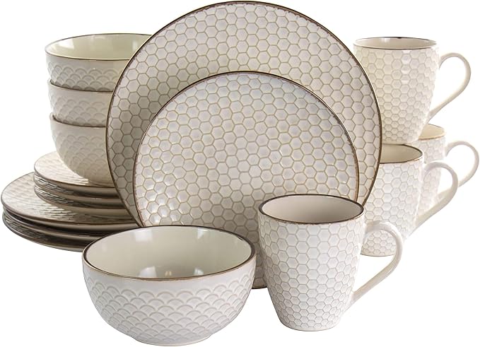 UKN Honey Ivory 16 Piece Stoneware Dinnerware Set in Textured Casual Round Dishwasher Safe