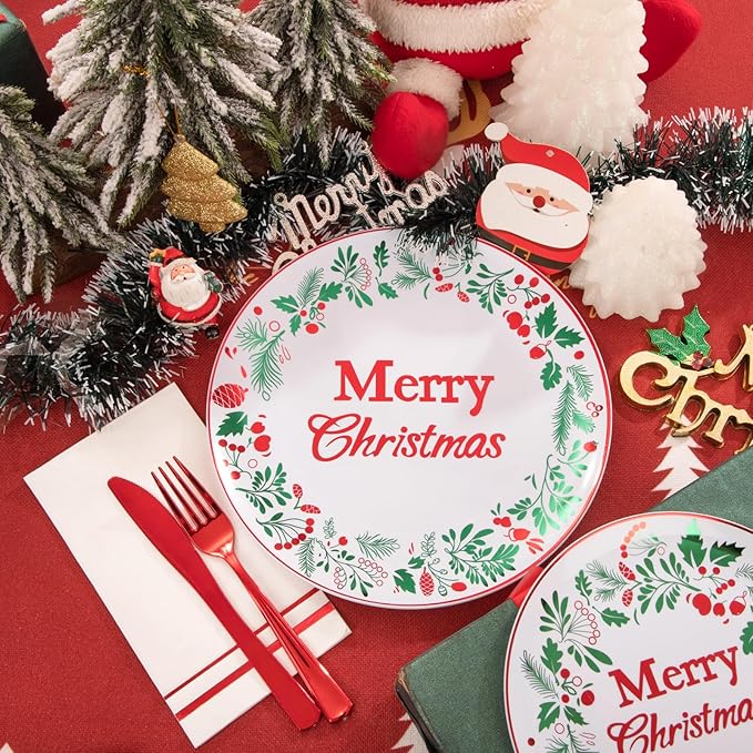 bUCLA 175PCS Christmas Plates Dinnerware Set - Green and Red Christmas Plastic Plates and Napkins Disposable Include 25 Dinner Plates25 Dessert Plates75 Cutlery25 Cups&amp25 Napkins