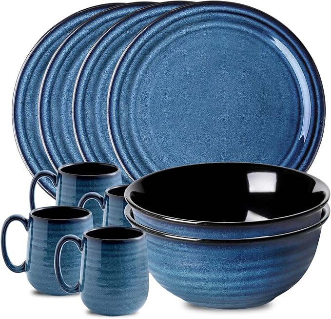 Hasense Dinnerware Set 10-Piece Ceramic Dinnerware Set Deep Bowls and Plate Set Blue Handmade Reactive Glaze Dishes Dishwasher Oven Microwave Safe