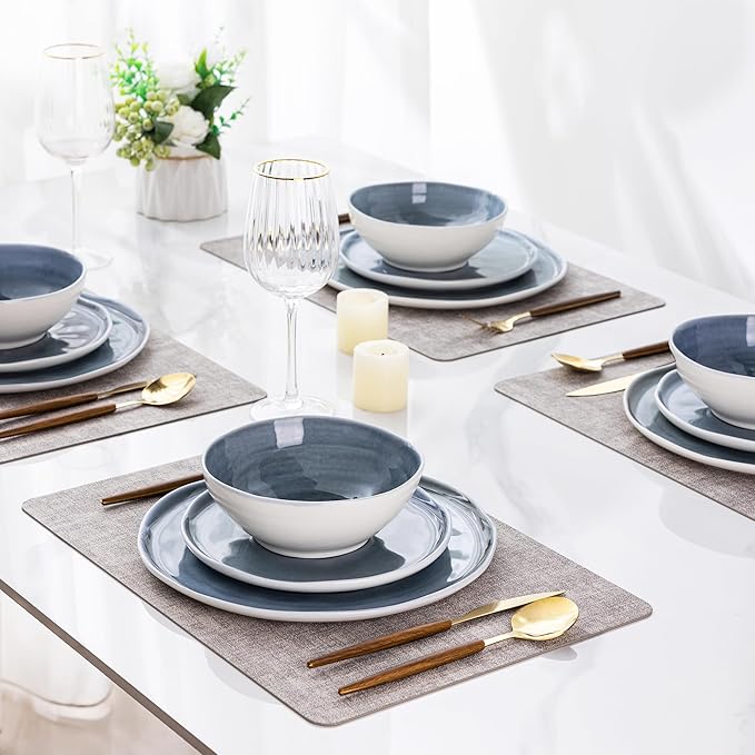 LERATIO Ceramic Dinnerware Sets for 4Porcelain Plates and Bowls Sets with Wavy EdgeMicrowave &amp Dishwasher &amp Oven SafeLight Weight &amp Scratch Resistant Dishes Sets-Service for 4-Jean blue