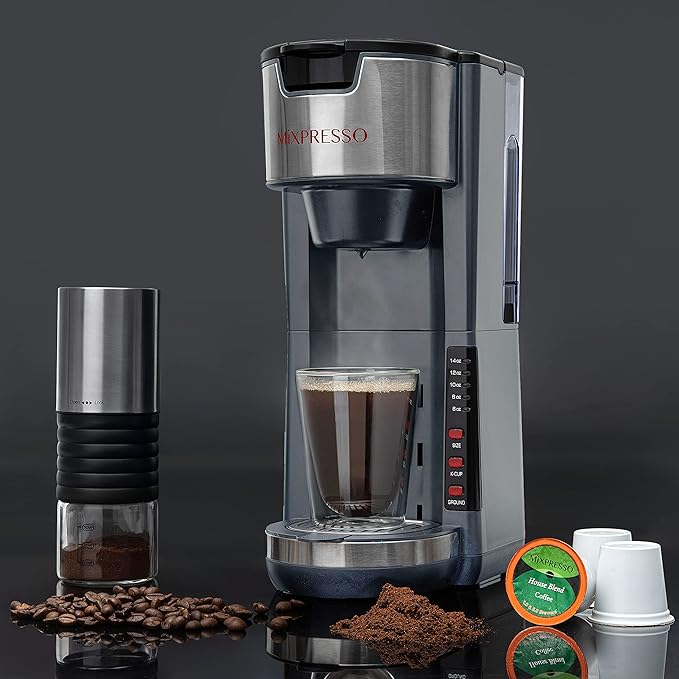 Mixpresso Gray Single Serve Coffee Brewer K-Cup Pods Compatible &amp Ground 30 oz Compact Coffee Maker Single Serve With 5 Brew Sizes Up To 14 Oz Fits Travel Mug Adjustable Drip Tray
