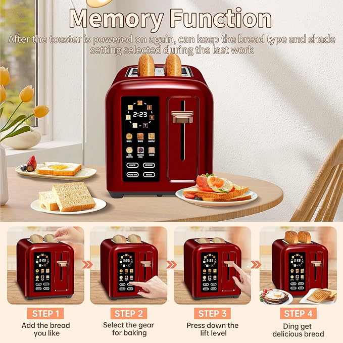 SEEDEEM Toaster 2 Slice Touch Control Stainless Toaster LCD Display 50% Faster Heating Speed 1.4'' Wide Slots More Timer Functions Removable Crumb Tray 1350W Dark Cherry