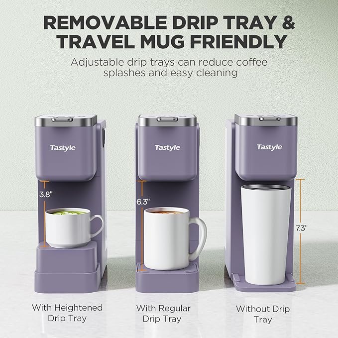 Single Serve Coffee Maker with Built-in Detachable Milk Frother Iced and Hot Coffee Machine for K Cup &amp Grounds 40oz Removable Water Reservoir 6 Cup Sizes Fits 7.3 Travel Mug Purple