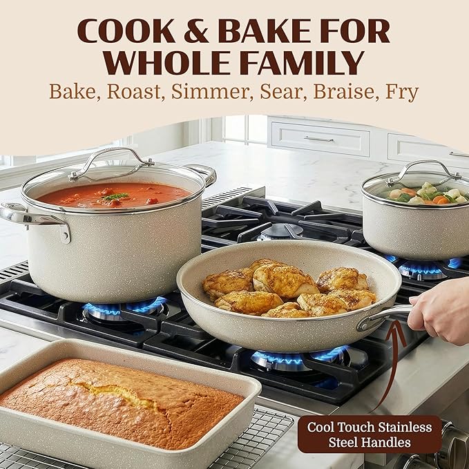 Granitestone Ceraluxe 20 Pc Ceramic Cookware Set Nonstick Complete Pots and Pans Set Non Stick with 5 Pc Bakeware Set Deep Frying Pan Set &amp Steamer Non Toxic PFOA Free Oven &amp Dishwasher S