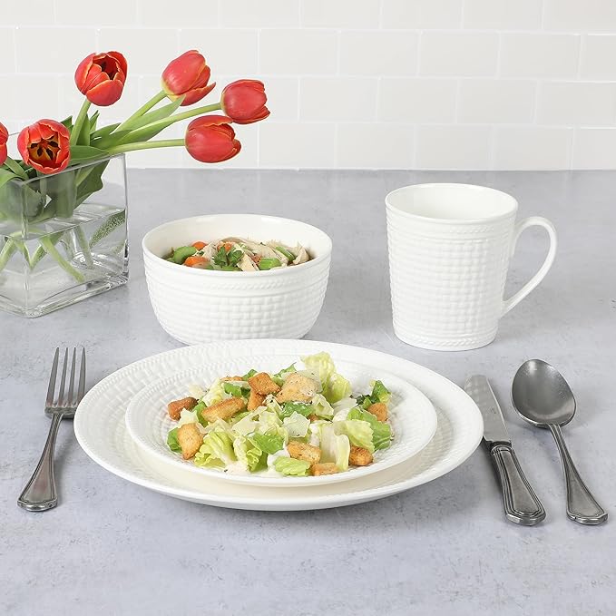 Martha Stewart 16 Piece Basket Weave New Bone China Embossed Porcelain Chip and Scratch Resistant Dinnerware Set