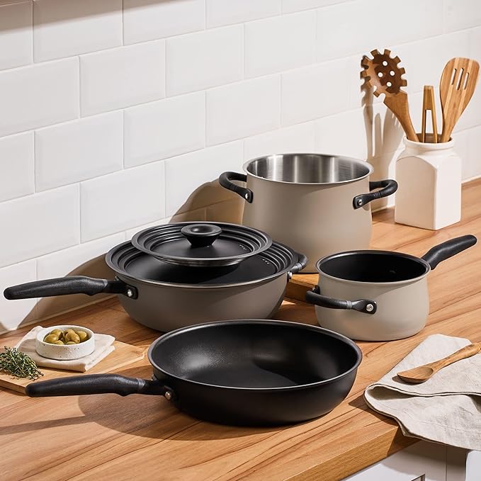 Meyer 6pc Stackable Set with Universal Lids | Hard Anodized Non Stick and Stainless Steel Pots and Pans | Induction Compatible | Dishwasher Safe | Oven Safe | Black &amp Gray | Accent Series Cookware