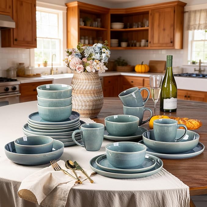 GBHOME Ceramic Dinnerware Sets for 6 18 Pieces Stoneware Plates and Bowls Sets Scratch Resistant Dishes Dishwasher &amp Microwave Safe Reactive Glaze-Malachite Green