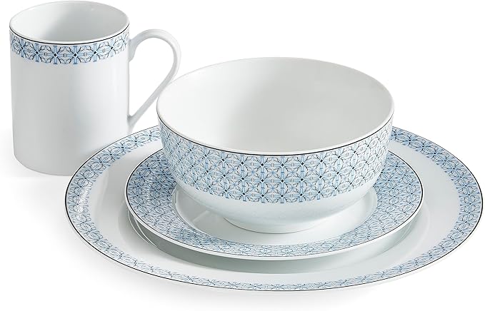 Portmeirion Home Mallorca 16 Piece Porcelain Dinnerware Set with Blue Geometric Border 4 Place Settings - Ideal for Weekday Meals Casual Brunches Relaxed Dinner Parties Small Family Celebrations