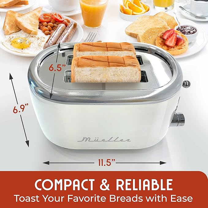 MUELLER HOME Retro Toaster 2 Slice 7 Browning Levels 3 Functions (Reheat Defrost Cancel) Stainless Steel Features Removable Crumb Tray Under Base Cord Storage White Toaster Kitchen Appliances