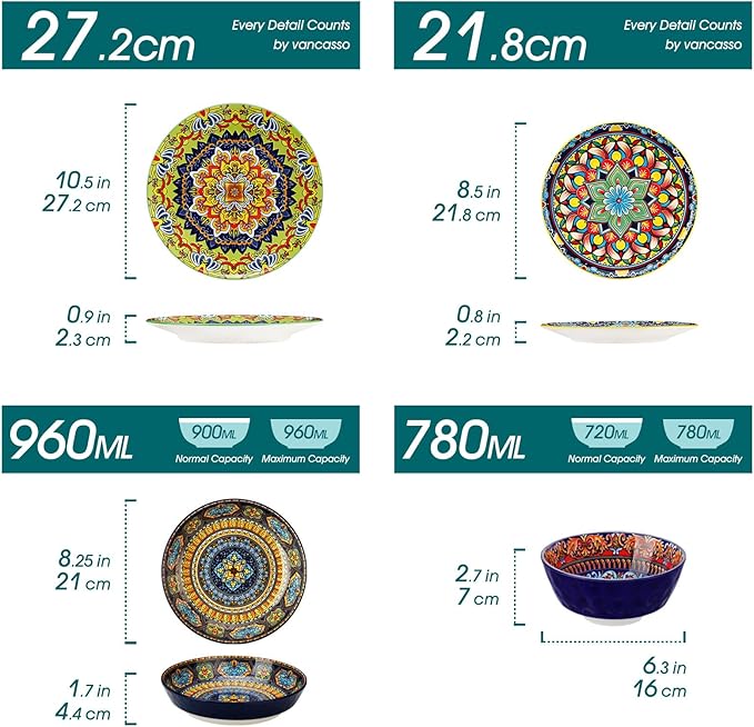 vancasso 24 Pieces Plates and Bowls Set Bohemian Style Dinnerware Sets Service for 6 Porcelain Boho Dishes Set for Kitchen Housewaring Gift Dishwasher and Microwave Safe Series KRVI