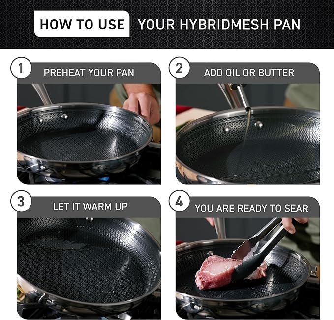 T-fal HybridMesh Tri-Ply Stainless Steel Fry Pan 10.25 Inch Induction Oven Safe 500F Metal Utensil Safe Ideal For Searing Cookware Dishwasher Safe Pots and Pans Needs Pre-Heating Silver/Black
