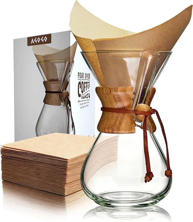 AGOGO Pour Over Coffee Maker Set Glass Coffee Maker with 50pcs Filter Paper -for Home Office Camping Cafes - Easy Clean Coffee Dripper Set (Soft Towel&ampBrush Included) (8 Cup/28 oz)