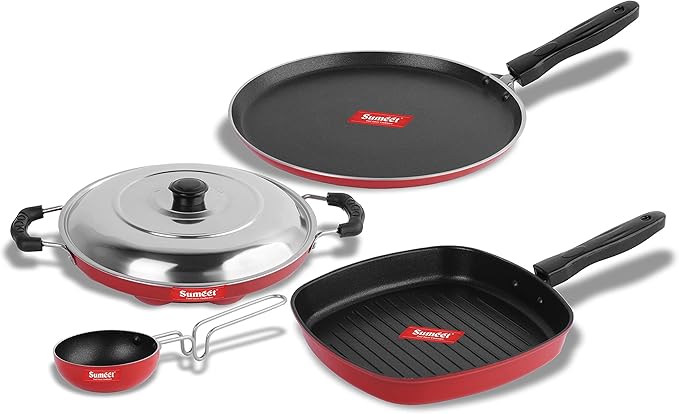 Sumeet 2.6mm Thick Non-Stick Marpo Cookware set (Dosa Tawa – 26.5cm Dia + Grill Appam Patra With Lid – 23cm Dia + Grill Appam Patra With Lid – 23cm Dia + Tadka Pan – 10cm Dia)