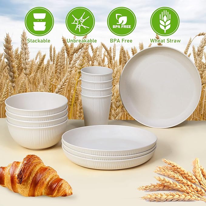 12pcs Wheat Straw Dinnerware Sets Kitchen Unbreakable Wheat Straw Plates and Bowls Sets for College Dorm Apartment Reusable Beige