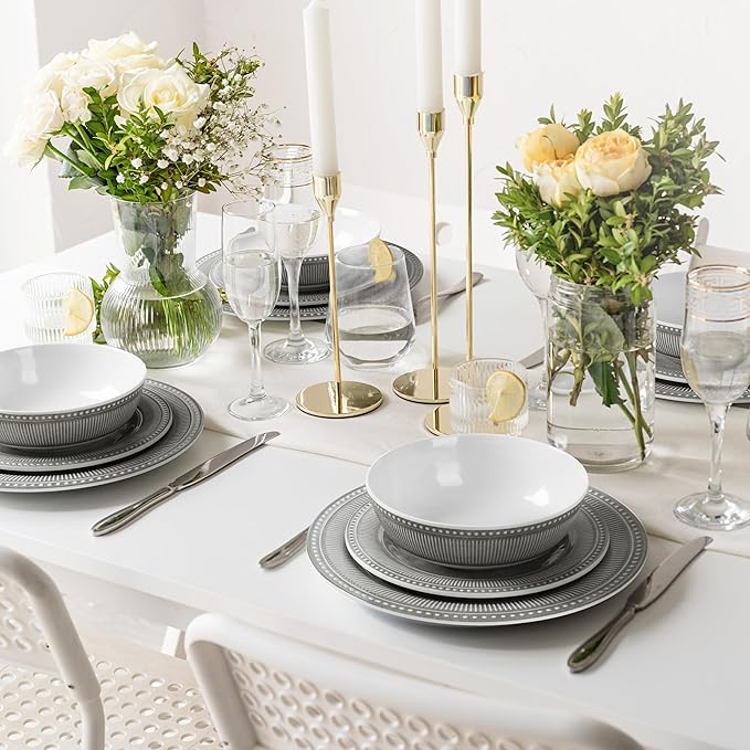AELS Melamine Dinnerware Set of 12 Pcs Dinner Dishes Set for Indoor and Outdoor Use Melamine Plates and Bowls Set for 4 Dishwasher Safe Lightweight Unbreakable BPA Free Gray