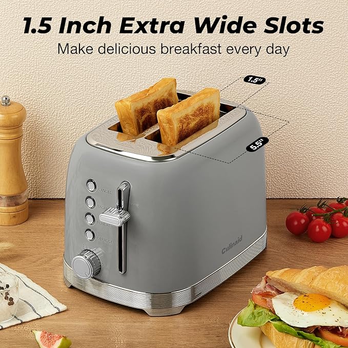 Toaster 2 Slice Retro Stainless Steel with 1.5” Extra Wide Slots Bagel Defrost Reheat Cancel Functions 6 Bread Shade Settings Removable Crumb Tray Gray