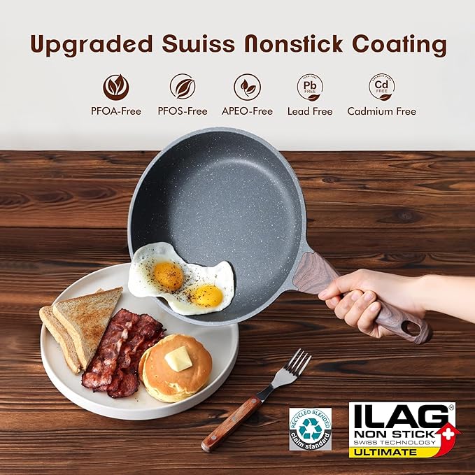SENSARTE Nonstick Frying Pan Skillets Swiss Granite Coating Omelette Pans Healthy Cookware Chef's Pan Free of Intentionally Added PFOA (8+12.5 Inch)