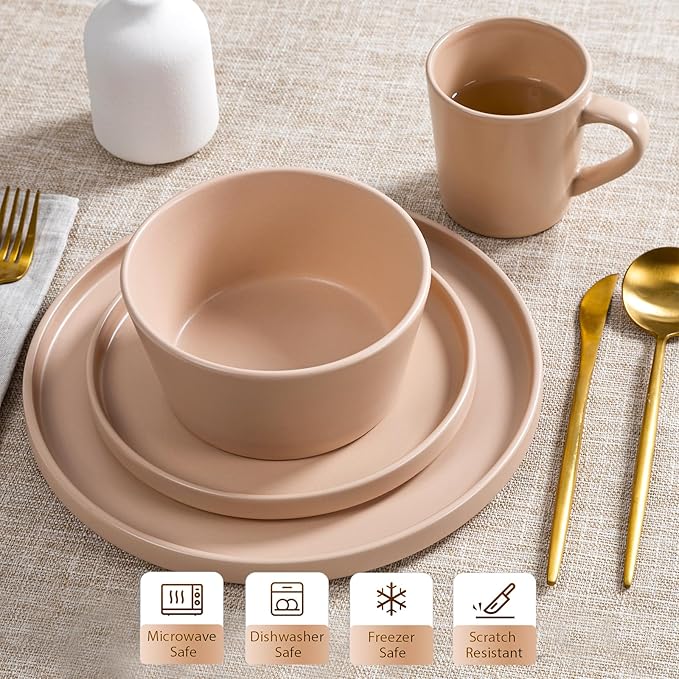 Plates and Bowls Sets for 4 - CJDC-QUELO 16 Piece Stoneware Dinnerware Sets with Mugs Ceramic Dishware Sets for Kitchen Dining Use Chip and Scratch Resistant Microwave Dishwasher Safe Brown