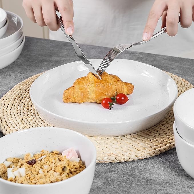 12pcs Ceramic Plate and Bowl SetsStoneware Dinnerware SetsService for 4Ceramic Kitchen Dinner SetPorcelain Dishes SetMicrowave&ampDishwasher SafeWhite