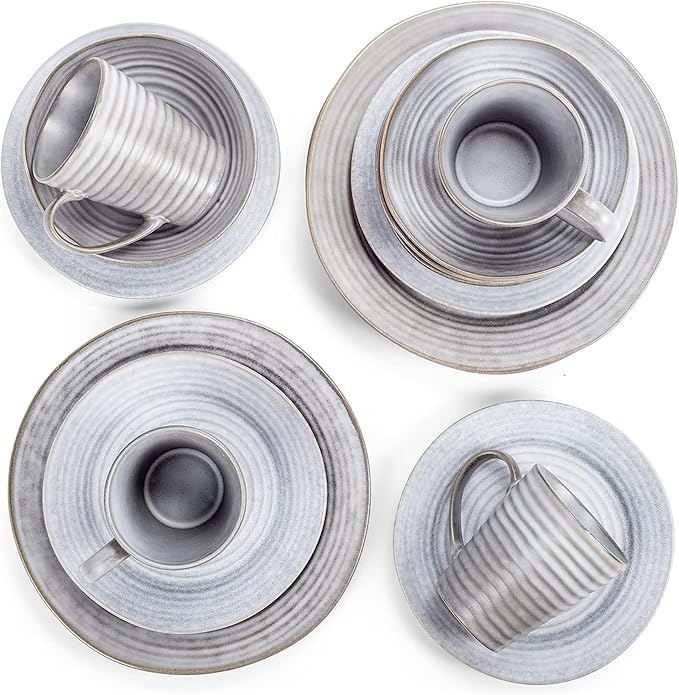 Elanze Designs Charming Chic Ribbed Modern Thrown Pottery Look Ceramic Stoneware Plate Platter Mug &amp Bowl Kitchen Dish Dinnerware 16 Piece Set - Service for 4 Slate Grey