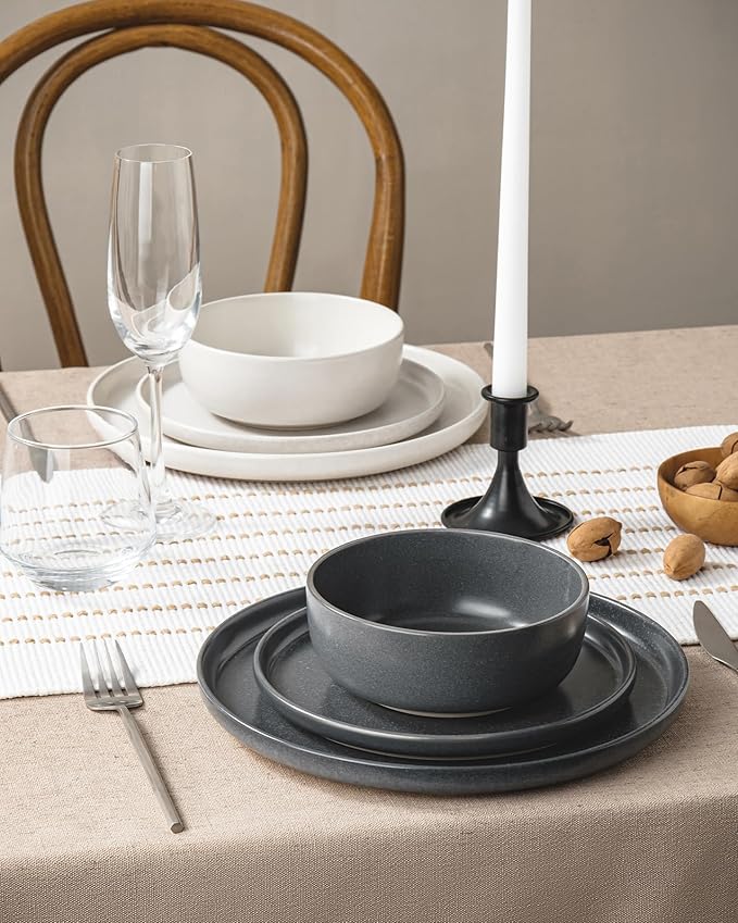 Famiware Milkyway Plates and Bowls Sets 12 Pieces Dinnerware Sets Reactive Glaze Dish Set Stoneware Dishes Set for 4 Matte Beige White &amp Matte Dark Charcoal