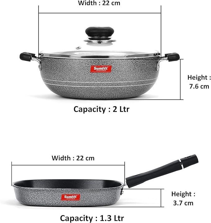 SUMEET Aluminium NonStick Argento Cookware Set (Silver Kadhai with Glass Lid -2Ltr - 22 Cm Grill Pan-22cm Dia)