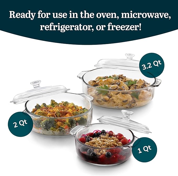 Libbey Baker's Basics 3-Piece Glass Casserole Dishes with Glass Covers Stackable Casserole Dishes for Oven Microwave Refrigerator Versatile Baking Dish Set