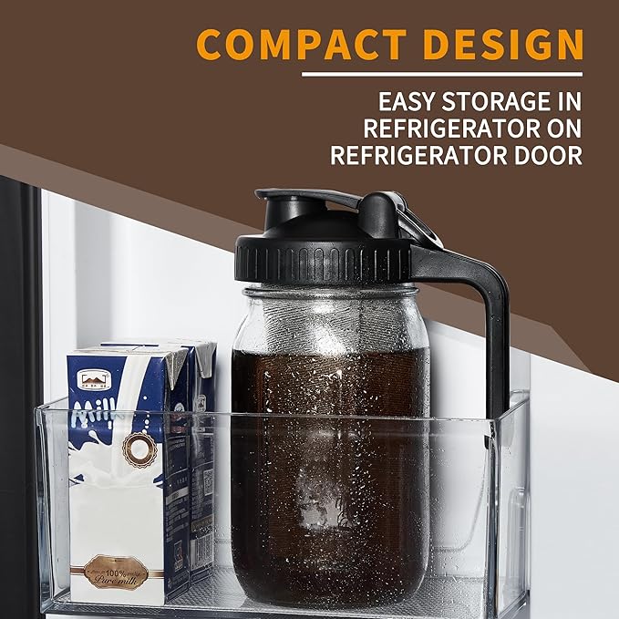 PIZVOXCold Brew Coffee Maker Pitcher 32 oz Thick Glass Mason Jar Spout Lid with Handle &amp Stainless Steel Filter for Iced Brew Coffee Ice Lemonade Sun Tea Fruit Drinks Container