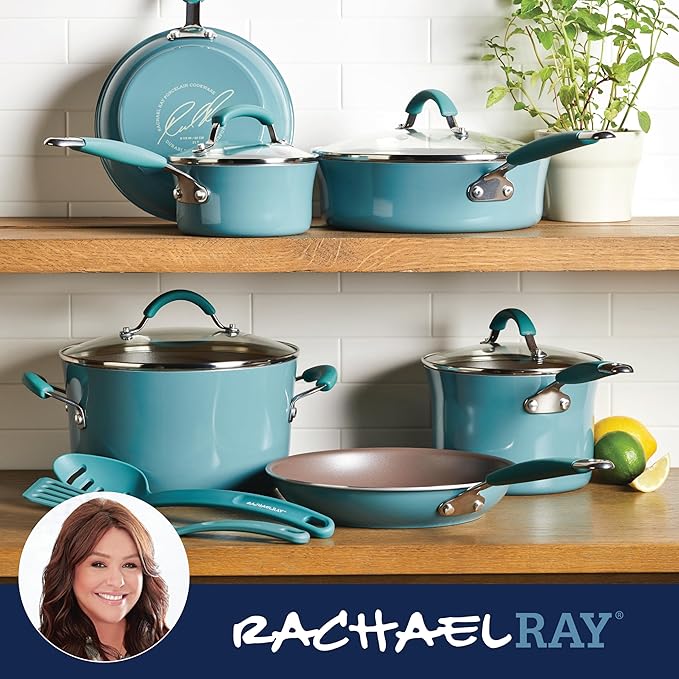 Rachael Ray Cucina Nonstick Cookware Pots and Pans Set 12 Piece Agave Blue