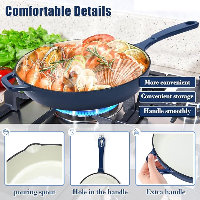 Hisencn Enameled Cast Iron Skillet Set - 3 Piece Ceramic Coated Fry Pan Set(8''9.5'' 11'') PFAS/PTFE/PFOA Free Oven &amp Induction Safe Navy Blue Cookware for Gas/Electric Stovetop