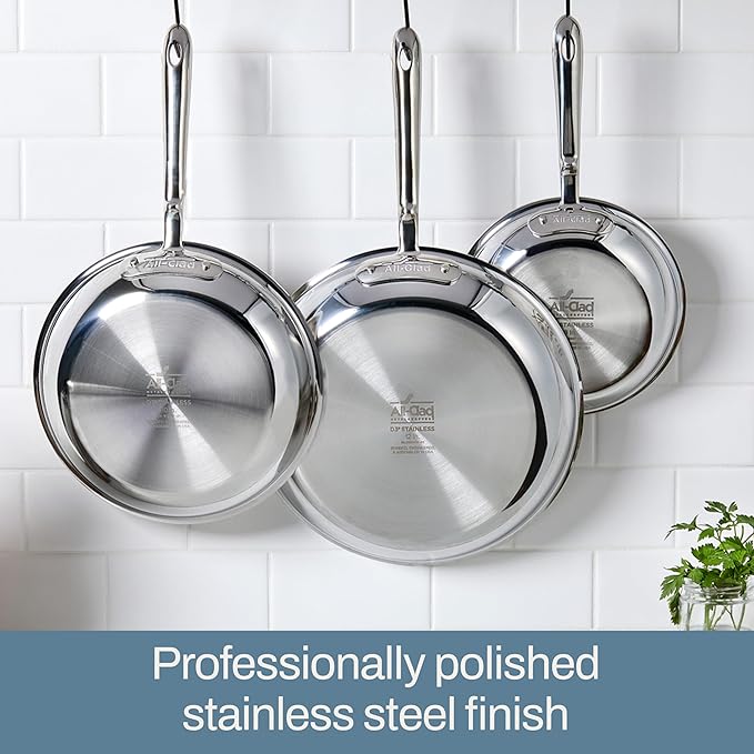 All-Clad D3 3-Ply Stainless Steel Cookware Set 10 Piece Induction Oven Broiler Safe 600F Kitchen Cooking Set w/ Frying Pans Saucepans Saute Pan Stockpot and Soup Pot Pots and Pans Silver