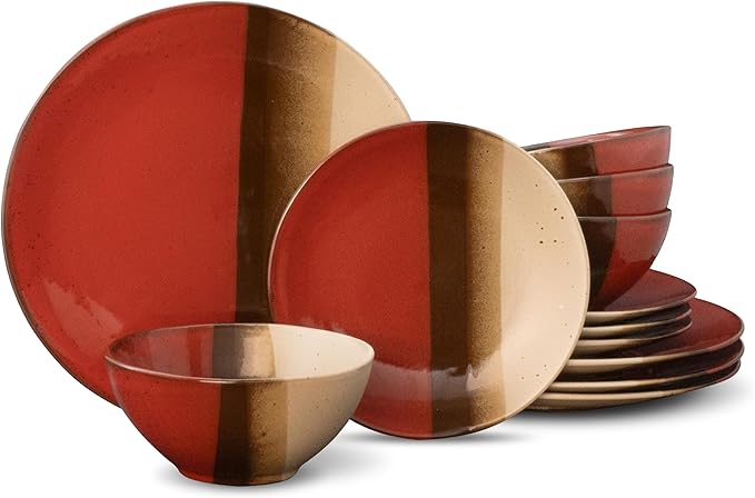 Mimola Ceramic Dinnerware SetsHandmade Reactive Glaze Stoneware Plates and Bowls SetsHighly Chip and Crack Resistant | Dishwasher &amp Microwave Safe Dishes SetService for 4 (12pc) (cross pattern)