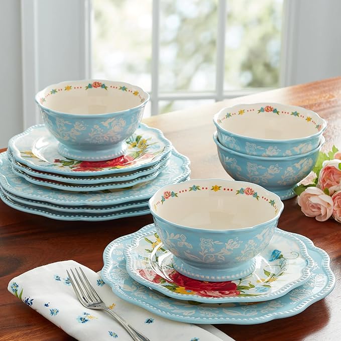 12-Piece Stoneware Dinnerware Set Service for 4 Floral Design with Scalloped Rim Dishwasher &amp Microwave Safe