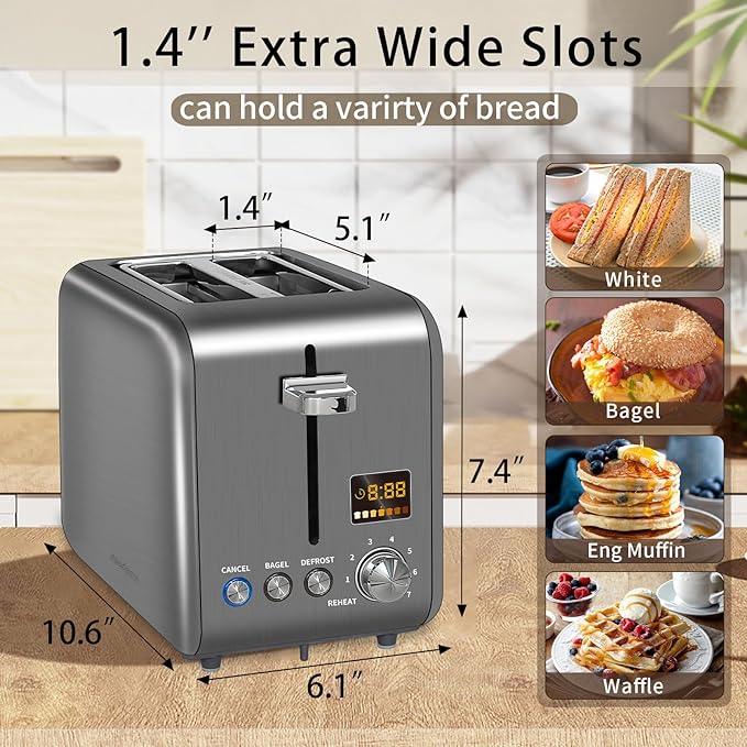 SEEDEEM Toaster 2 Slice Stainless Steel Bread Toaster LCD Display 7 Shade Setting 1.4'' Wide Slots Bagel/Defrost/Reheat Functions Removable Crumb Tray 900W Dark Metallic