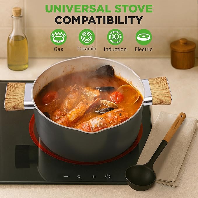 NutriChef Ceramic Cookware Set with Cooking Utensils 14-Piece Nonstick Cookware Set with Glass Lids Compatible with All Cooktops Heat-Resistant Handles and Stylish Finish (Black)