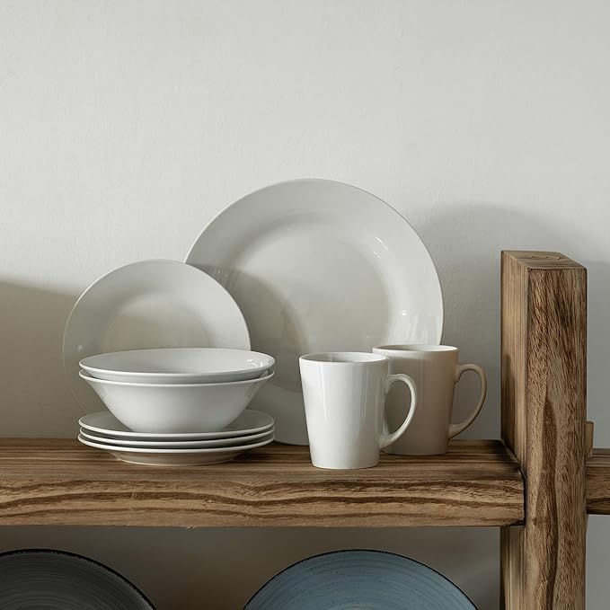 48 PC Rimmed Dinnerware Set for 12 Person | Mugs Salad and Dinner Plates and Bowls Sets Dishes with Highly Chip and Crack Resistant Dishwasher and Microwave Safe White