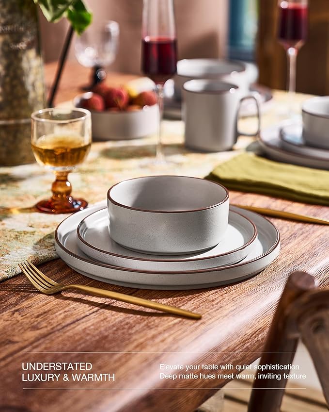 Famiware Nebula Ridge Stoneware Dinnerware Sets Plates and Bowls Sets for 4 12 Pieces Dishes Set Microwave and Dishwasher Safe Kitchen Plates Light Gray