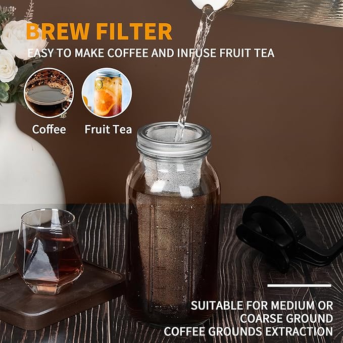 PIZVOXCold Brew Coffee Maker Pitcher 32 oz Thick Glass Mason Jar Spout Lid with Handle &amp Stainless Steel Filter for Iced Brew Coffee Ice Lemonade Sun Tea Fruit Drinks Container