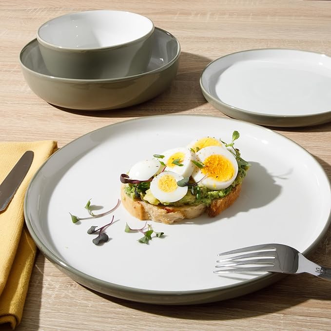 Sur La Table Kitchen Essentials 16 Piece Two-Tone Porcelain Chip and Scratch Resistant Dinnerware Plates and Bowls Set - Grey/White
