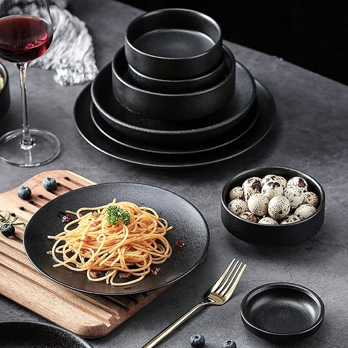 Ceramics Dinner Sets 46 Pieces Matte Black Glaze Cereal Bowl and Steak Plate Set | Porcelain Dinnerware Set for Family Gathering and Restaurant