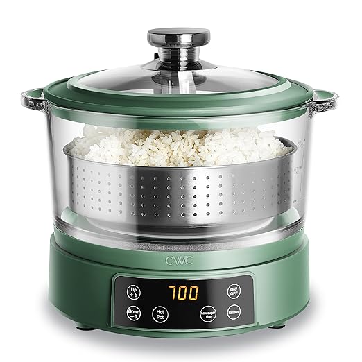 COOK WITH COLOR 3L Glass Mini Low Carb Rice Cooker – Holds 2 Cups Raw/Makes 6 Cups Cooked with Auto Lift Filter Basket Hotpot &amp Steamer for Rice Grains Digital Panel with Keep Warm Dark Sage